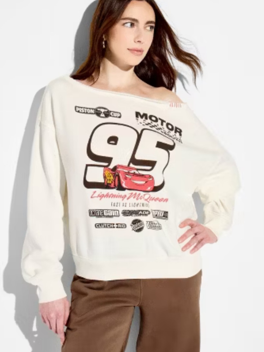Women's McQueen‎ 95 Off the Shoulder Graphic Pullover Sweatshirt Off-White L - Picture 2 of 6